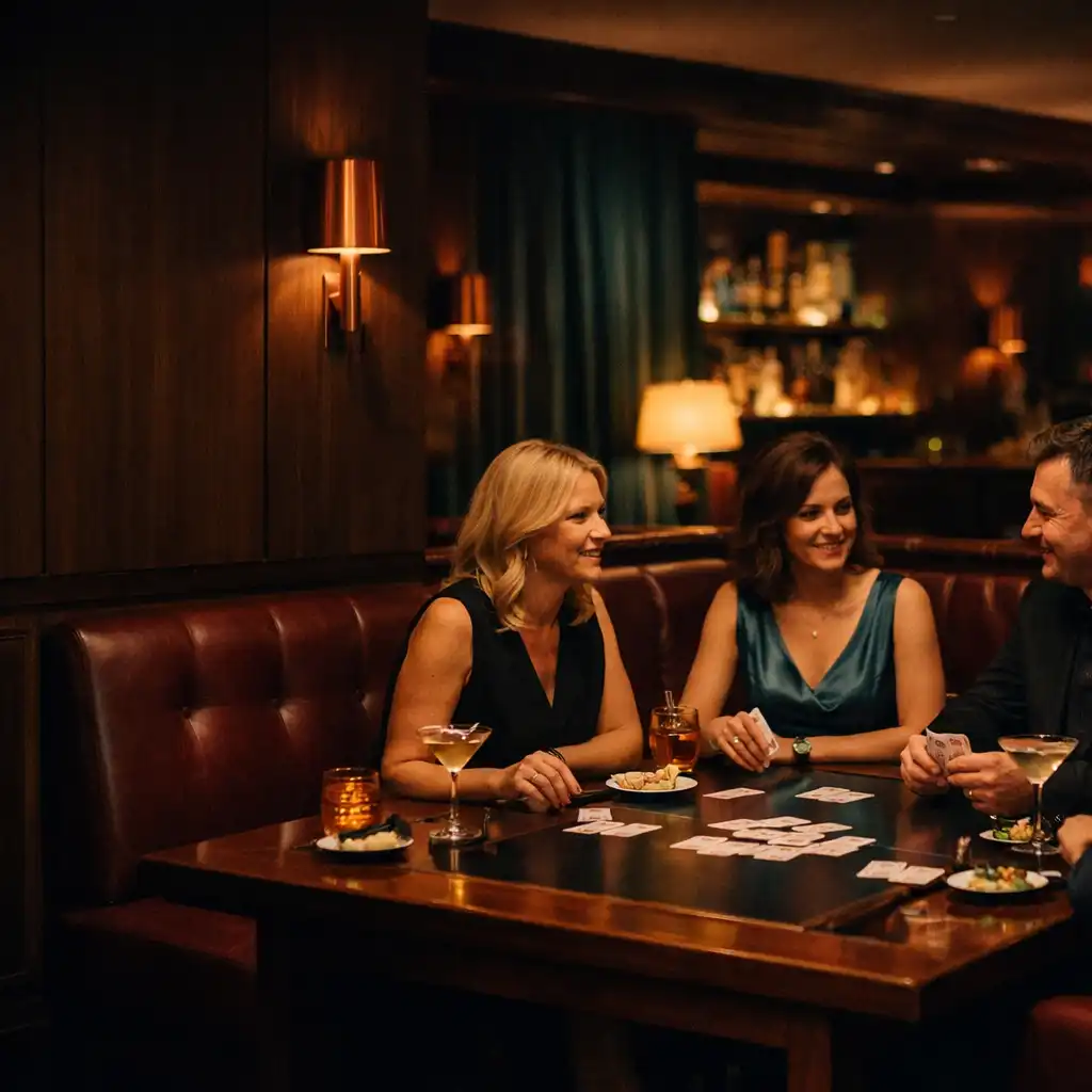 Goście rozmawiający przy fizycznym stole z kartami, koktajlami i drobnymi talerzami w Card Lounge