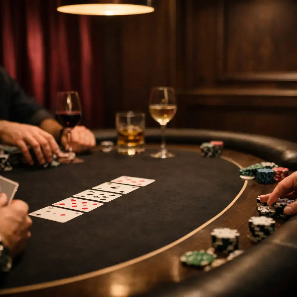 Dłonie gości, karty i szkło na eleganckim fizycznym stole w Card Roomie
