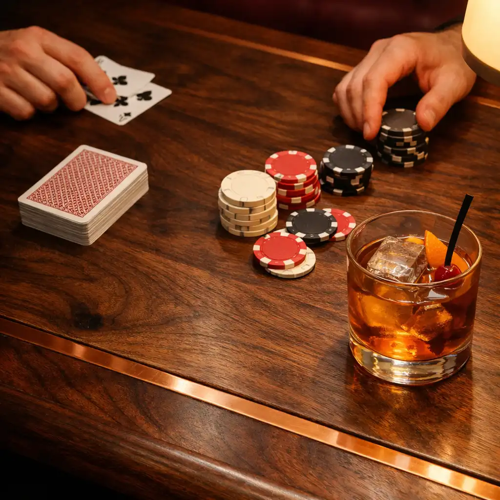 Karty, neutralne żetony, dłonie gości i koktajl na drewnianym stole w Card Room