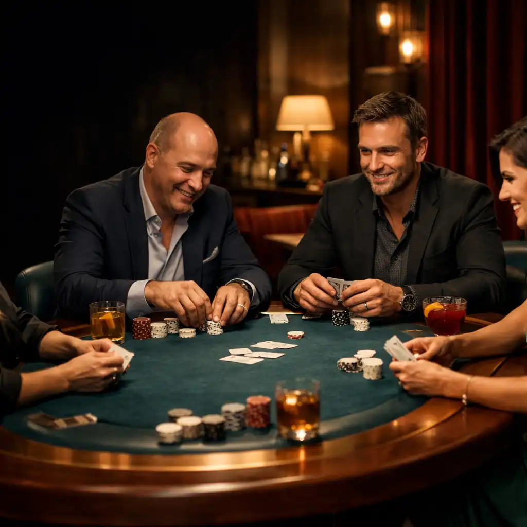 Goście rozmawiają przy fizycznym stole pokerowym w eleganckim wnętrzu MiejskiOgrod