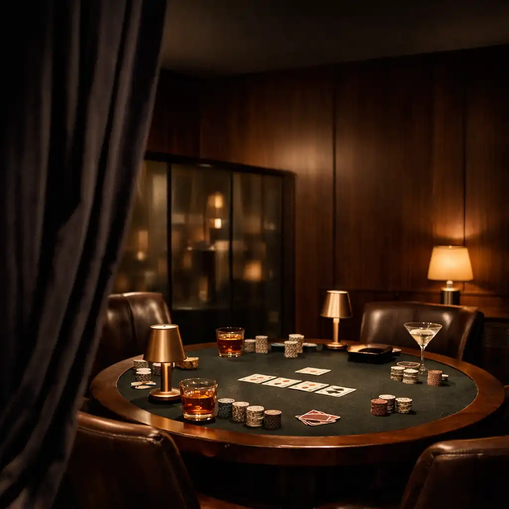 Prywatny stół w Card Room za uchyloną aksamitną zasłoną, z kartami, neutralnymi żetonami i ciepłym światłem.