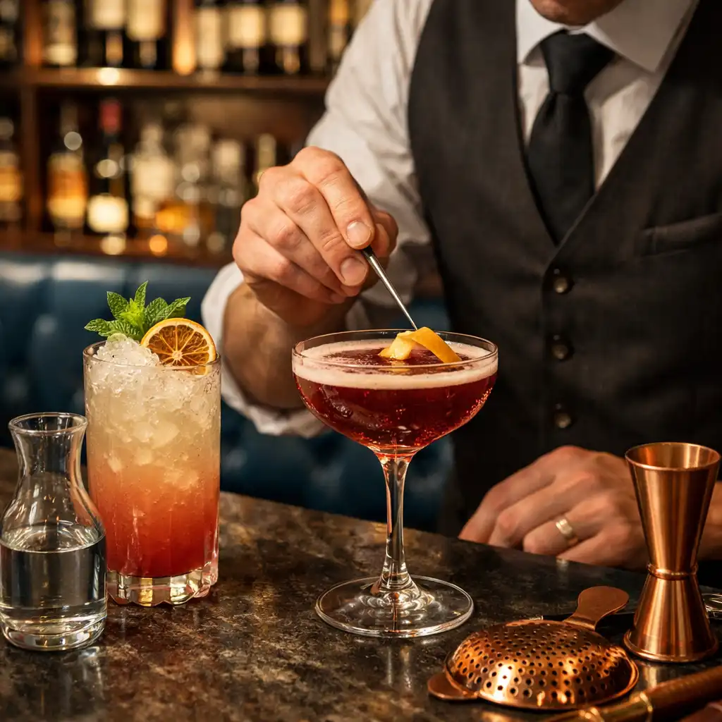 Barman przygotowujący koktajl na ciemnym kamiennym blacie