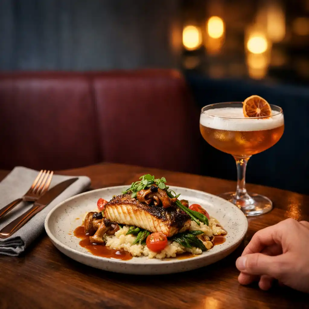 Danie i koktajl na ciemnym stole w restauracji MiejskiOgrod w Warszawie
