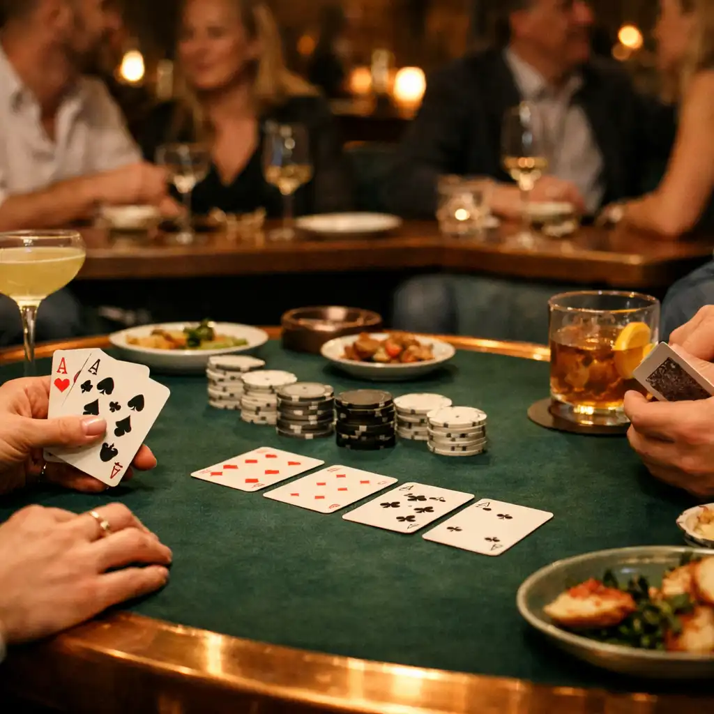Dłonie gości przy Social Table, karty, neutralne żetony, małe dania i koktajle w restauracyjnym świetle.
