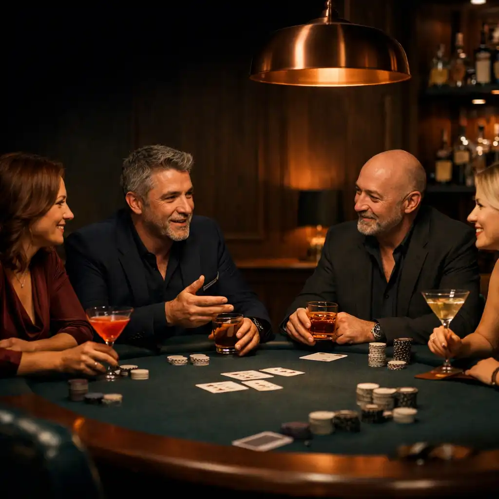 Dorośli goście rozmawiający przy fizycznym stole pokerowym w Card Room